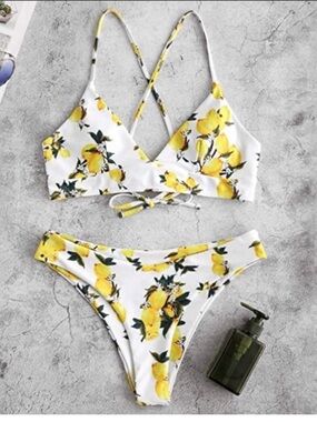 ZAFUL NWT L (M good) white with Lemon Floral lace up cheeky Bikini Set swimsuit
